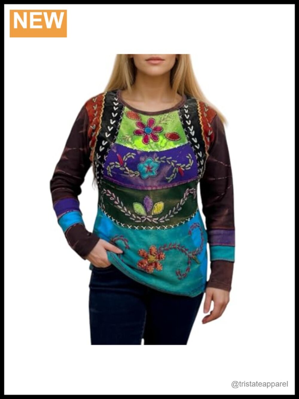 Vintage Boho Hand-Embroidered Long Sleeve Cotton Peasant Top